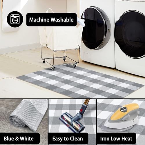 KOZYFLY Buffalo Plaid Rug 2x8 Ft | Washable Gray and White Checkered Runner for Hallways | OEKO-TEX STANDARD 100 Certifi