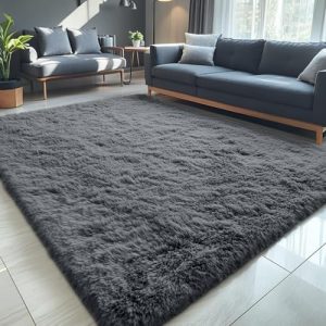 OLANLY 5x7 Machine Washable Large Area Rugs for Living Room, Soft Fluffy Shaggy Carpet for Kids, Nursery Decor, Grey OEK