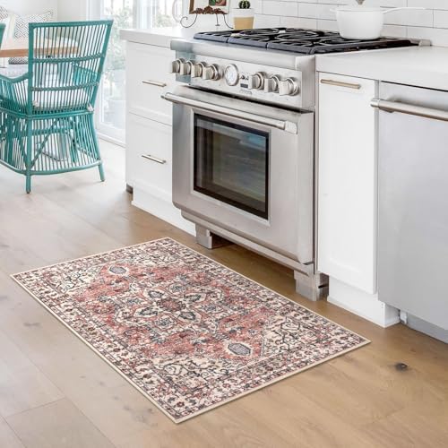KOZYFLY 2x3 Ft Boho Small Area Rugs - Washable Non-Slip Door Mat for Entryway & Kitchen - Vintage Printed Faux Wool Thro