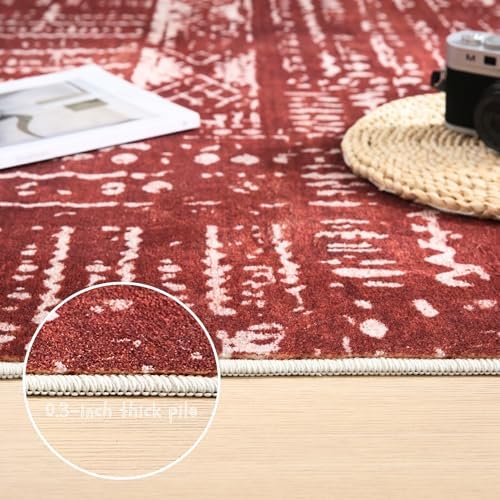 Rugcomf Boho Soft Area Rug 4x6 - Washable Abstract Pattern, Non-Slip Faux Wool for Living Room, Bedroom, Kids Playroom -