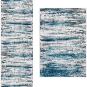KOZYFLY Modern Abstract Runner Rug Set - 2x6 & 3x5 Area Rugs in Blue - Perfect for Bedroom, Laundry, and Nursery - Soft