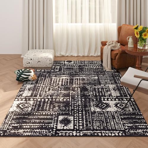 Rugcomf Boho Soft Area Rug 4x6 - Washable Abstract Pattern, Non-Slip Faux Wool for Living Room, Bedroom, Kids Playroom -