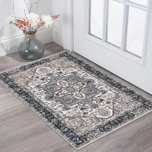 KOZYFLY 2 PCS Small Area Rug - 2x3 Ft Washable Boho Entryway Non Slip Door Mat - Vintage Faux Wool Kitchen Rug for Indoo