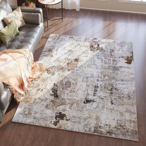 Rugcomf Boho Soft Area Rug 4x6 - Washable Abstract Pattern, Non-Slip Faux Wool for Living Room, Bedroom, Kids Playroom -