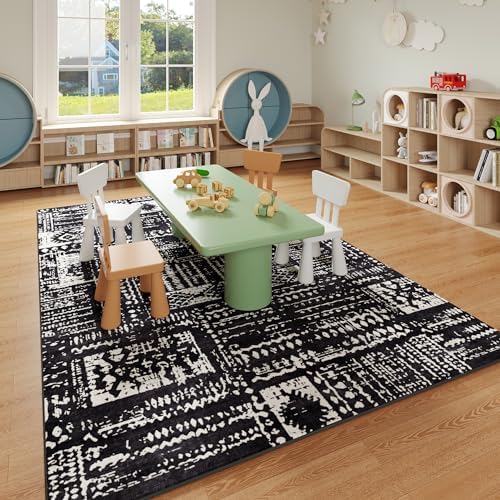 Rugcomf Boho Soft Area Rug 4x6 - Washable Abstract Pattern, Non-Slip Faux Wool for Living Room, Bedroom, Kids Playroom -