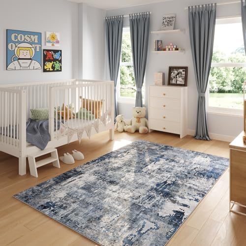 Rugcomf Boho Soft Area Rug 4x6 - Washable Abstract Pattern, Non-Slip Faux Wool for Living Room, Bedroom, Kids Playroom -
