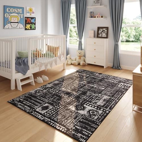 Rugcomf Boho Soft Area Rug 4x6 - Washable Abstract Pattern, Non-Slip Faux Wool for Living Room, Bedroom, Kids Playroom -
