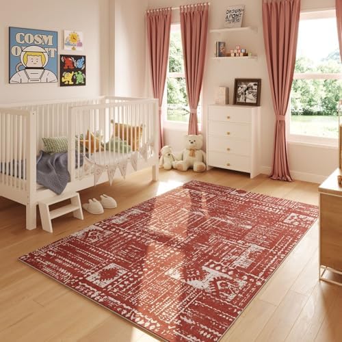 Rugcomf Boho Soft Area Rug 4x6 - Washable Abstract Pattern, Non-Slip Faux Wool for Living Room, Bedroom, Kids Playroom -
