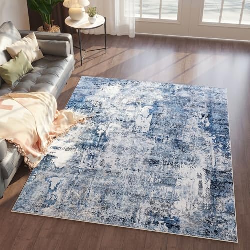 Rugcomf Boho Soft Area Rug 4x6 - Washable Abstract Pattern, Non-Slip Faux Wool for Living Room, Bedroom, Kids Playroom -