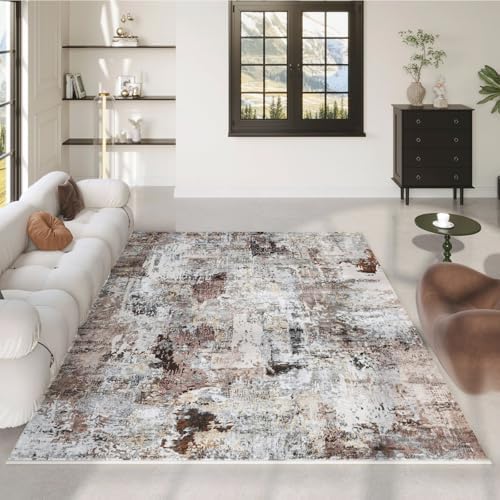 Rugcomf Boho Soft Area Rug 4x6 - Washable Abstract Pattern, Non-Slip Faux Wool for Living Room, Bedroom, Kids Playroom -