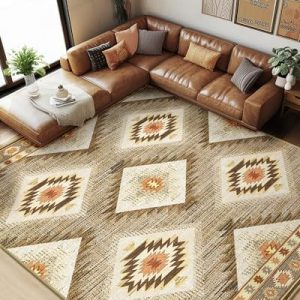 Machine Washable 8x10 Area Rug | Non-Slip Low Pile Western Design for Living Room & Bedroom | Tribal Print - Cream/Camel