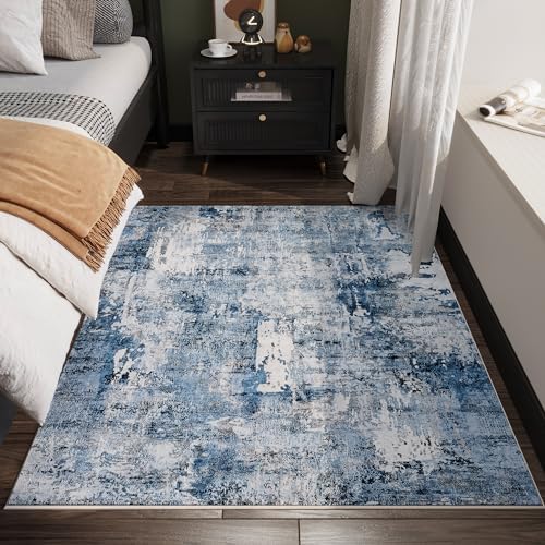 Rugcomf Boho Soft Area Rug 4x6 - Washable Abstract Pattern, Non-Slip Faux Wool for Living Room, Bedroom, Kids Playroom -