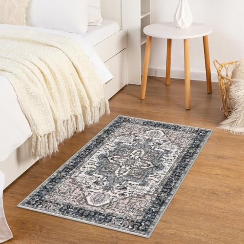 KOZYFLY 2 PCS Small Area Rug - 2x3 Ft Washable Boho Entryway Non Slip Door Mat - Vintage Faux Wool Kitchen Rug for Indoo
