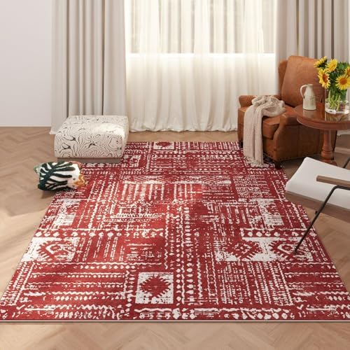 Rugcomf Boho Soft Area Rug 4x6 - Washable Abstract Pattern, Non-Slip Faux Wool for Living Room, Bedroom, Kids Playroom -