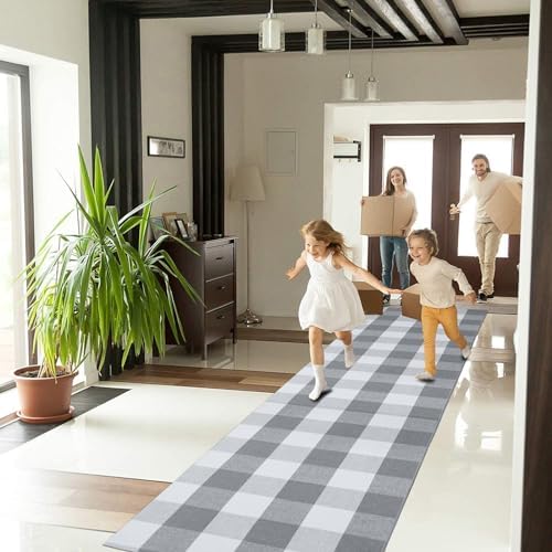 KOZYFLY Buffalo Plaid Rug 2x8 Ft | Washable Gray and White Checkered Runner for Hallways | OEKO-TEX STANDARD 100 Certifi