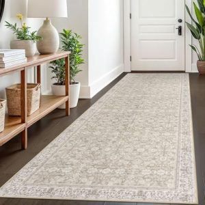 Cream Beige White Grey 3x8 Washable Runner Rug - Soft Classic Non-Slip Distressed Floral Rug for Kitchen, Hallways, Entr