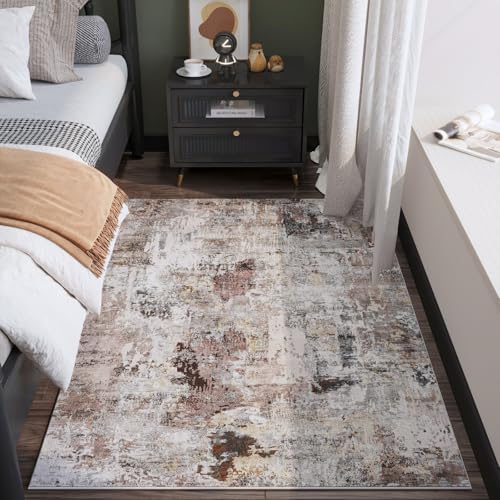 Rugcomf Boho Soft Area Rug 4x6 - Washable Abstract Pattern, Non-Slip Faux Wool for Living Room, Bedroom, Kids Playroom -