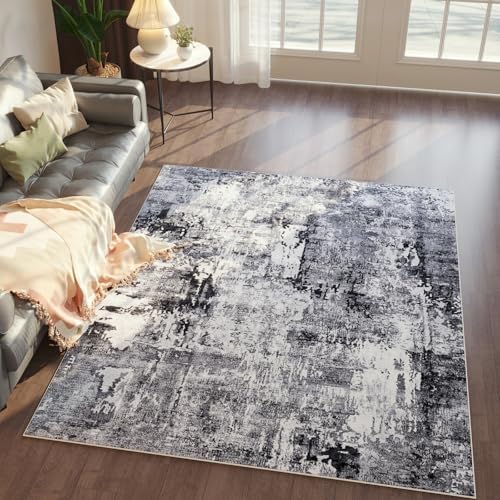 Rugcomf Boho Soft Area Rug 4x6 - Washable Abstract Pattern, Non-Slip Faux Wool for Living Room, Bedroom, Kids Playroom -