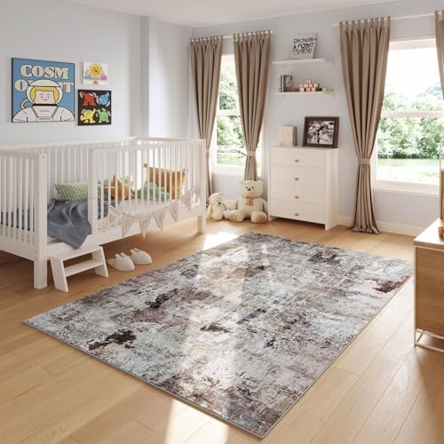 Rugcomf Boho Soft Area Rug 4x6 - Washable Abstract Pattern, Non-Slip Faux Wool for Living Room, Bedroom, Kids Playroom -