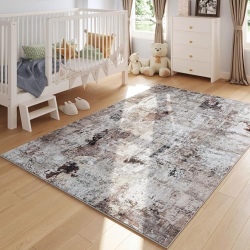 Rugcomf Boho Soft Area Rug 4x6 - Washable Abstract Pattern, Non-Slip Faux Wool for Living Room, Bedroom, Kids Playroom -