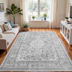 4x6 Grey Washable Boho Area Rug | Non-Slip Vintage Floral Soft Low Pile Mat for Living Room & Bedroom | OEKO-TEX STANDAR