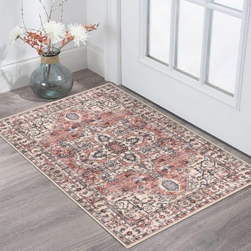 KOZYFLY 2x3 Ft Boho Small Area Rugs - Washable Non-Slip Door Mat for Entryway & Kitchen - Vintage Printed Faux Wool Thro