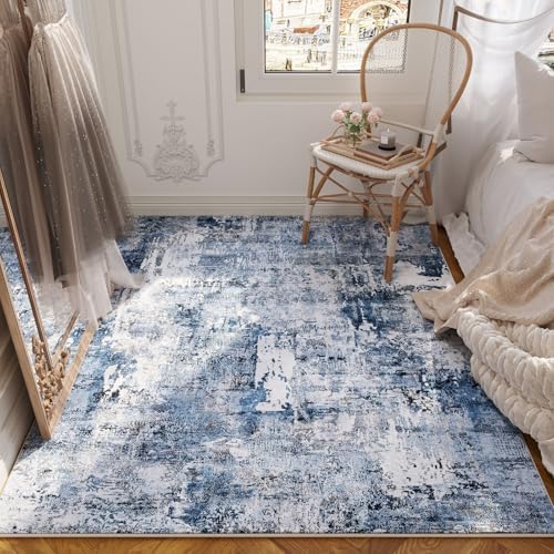 Rugcomf Boho Soft Area Rug 4x6 - Washable Abstract Pattern, Non-Slip Faux Wool for Living Room, Bedroom, Kids Playroom -