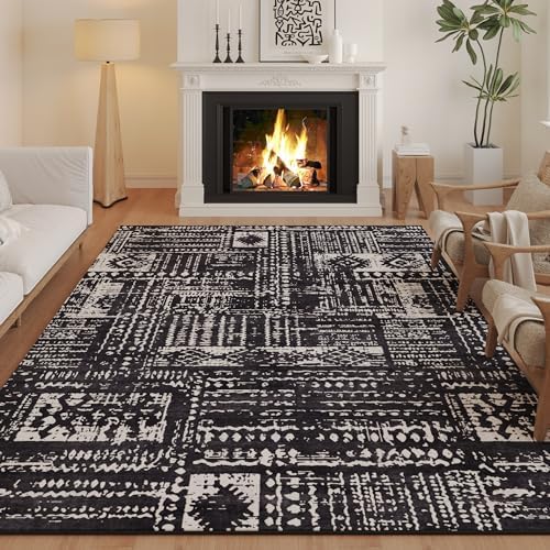 Rugcomf Boho Soft Area Rug 4x6 - Washable Abstract Pattern, Non-Slip Faux Wool for Living Room, Bedroom, Kids Playroom -