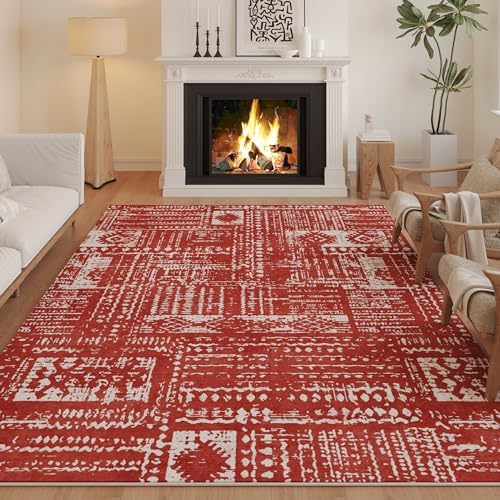 Rugcomf Boho Soft Area Rug 4x6 - Washable Abstract Pattern, Non-Slip Faux Wool for Living Room, Bedroom, Kids Playroom -