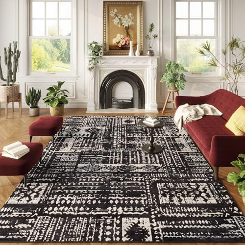 Rugcomf Boho Soft Area Rug 4x6 - Washable Abstract Pattern, Non-Slip Faux Wool for Living Room, Bedroom, Kids Playroom -