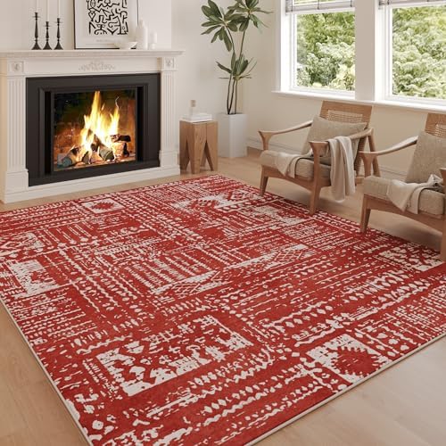 Rugcomf Boho Soft Area Rug 4x6 - Washable Abstract Pattern, Non-Slip Faux Wool for Living Room, Bedroom, Kids Playroom -